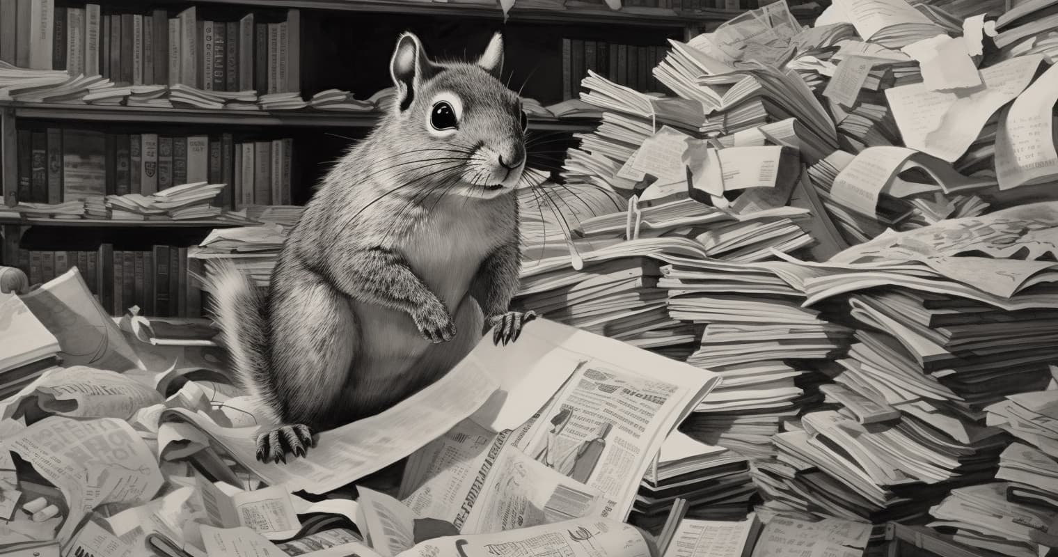 A squirrel drowning in paperwork.
