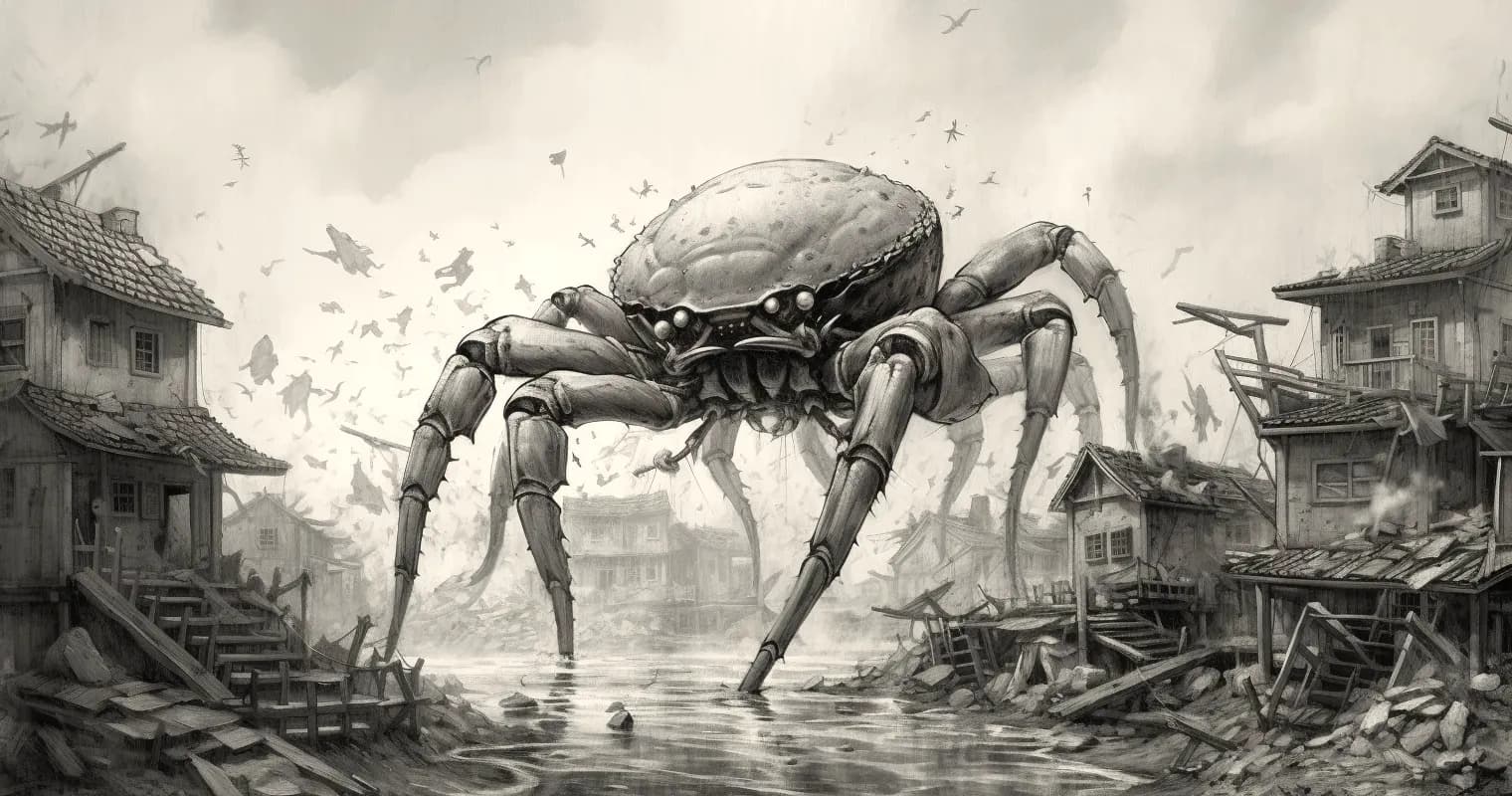 A crab of unusual size destroying a city