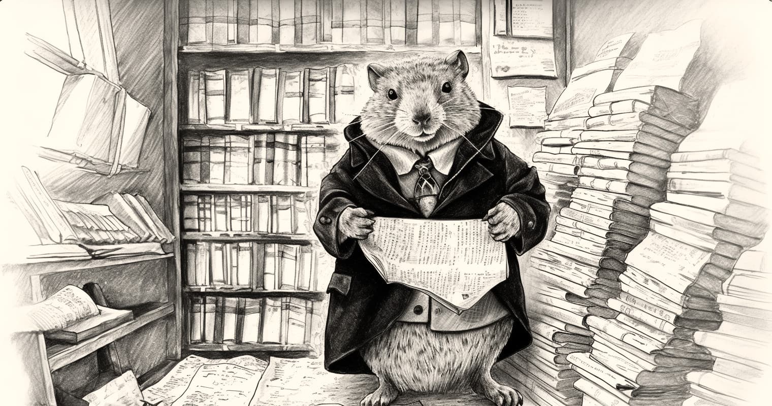 A gopher dressed as a private eye, investigating documents.