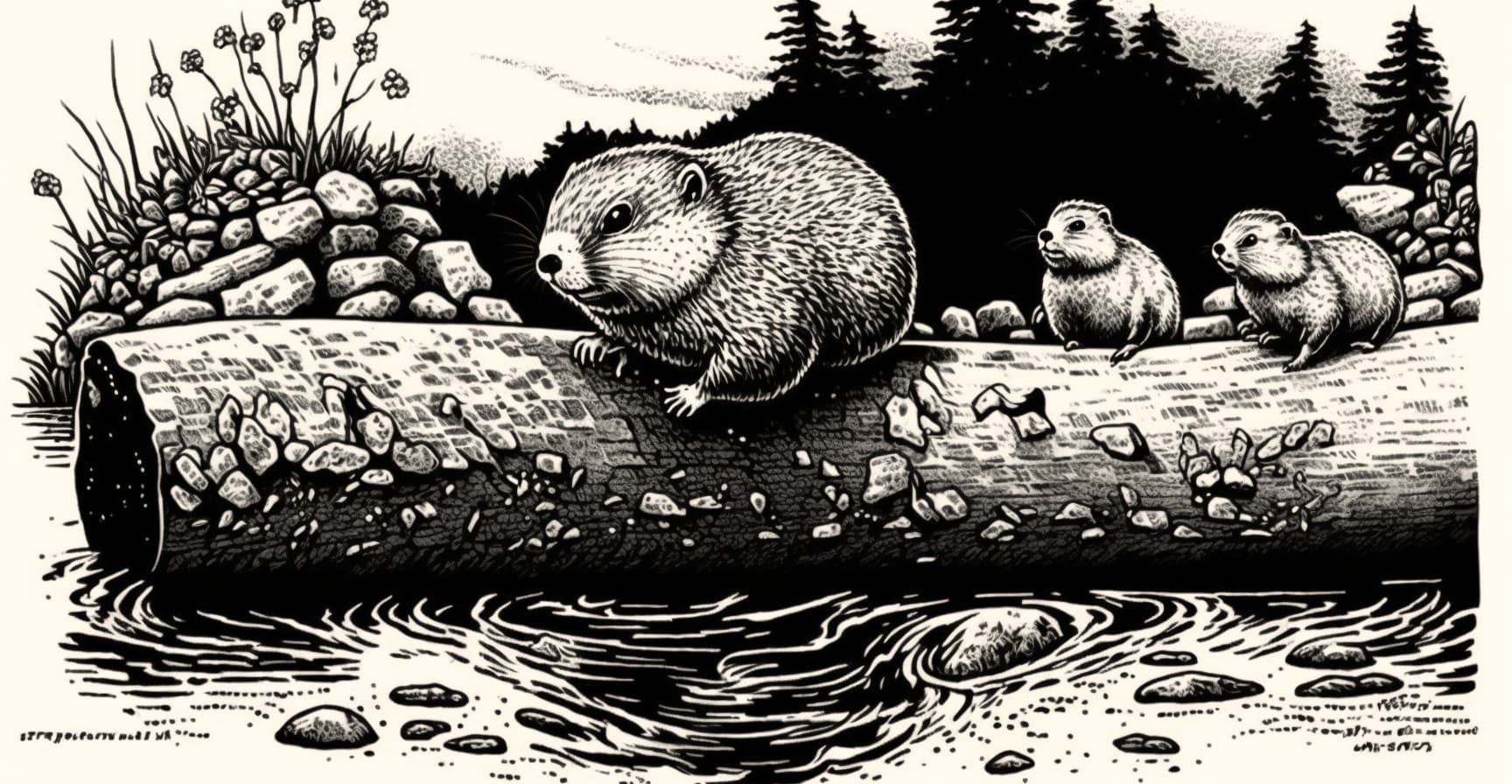 A gopher riding a log down a river